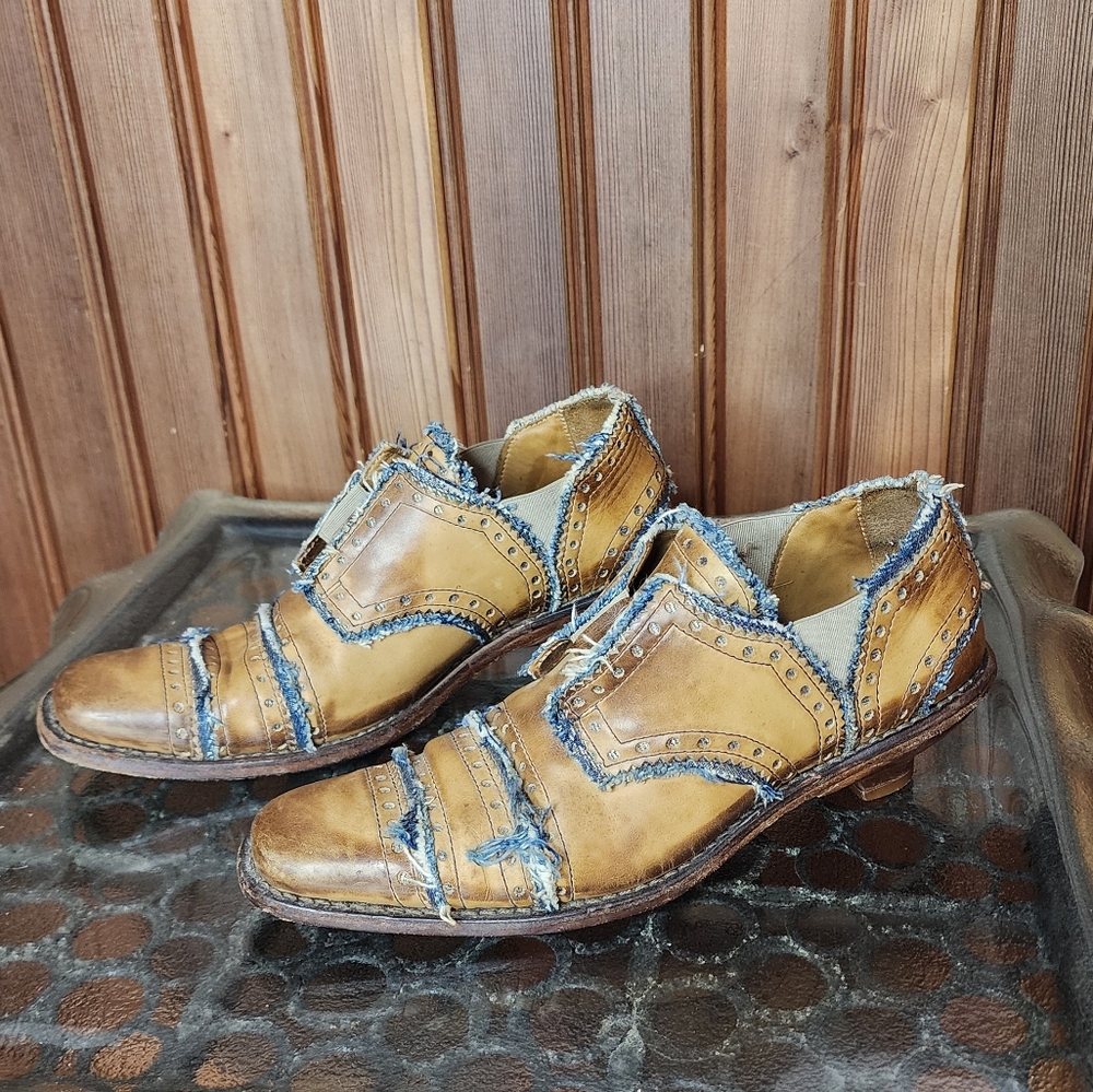 Anthropologie dkode Steampunk Kitten Heels 35 (5.5) Denim Leather